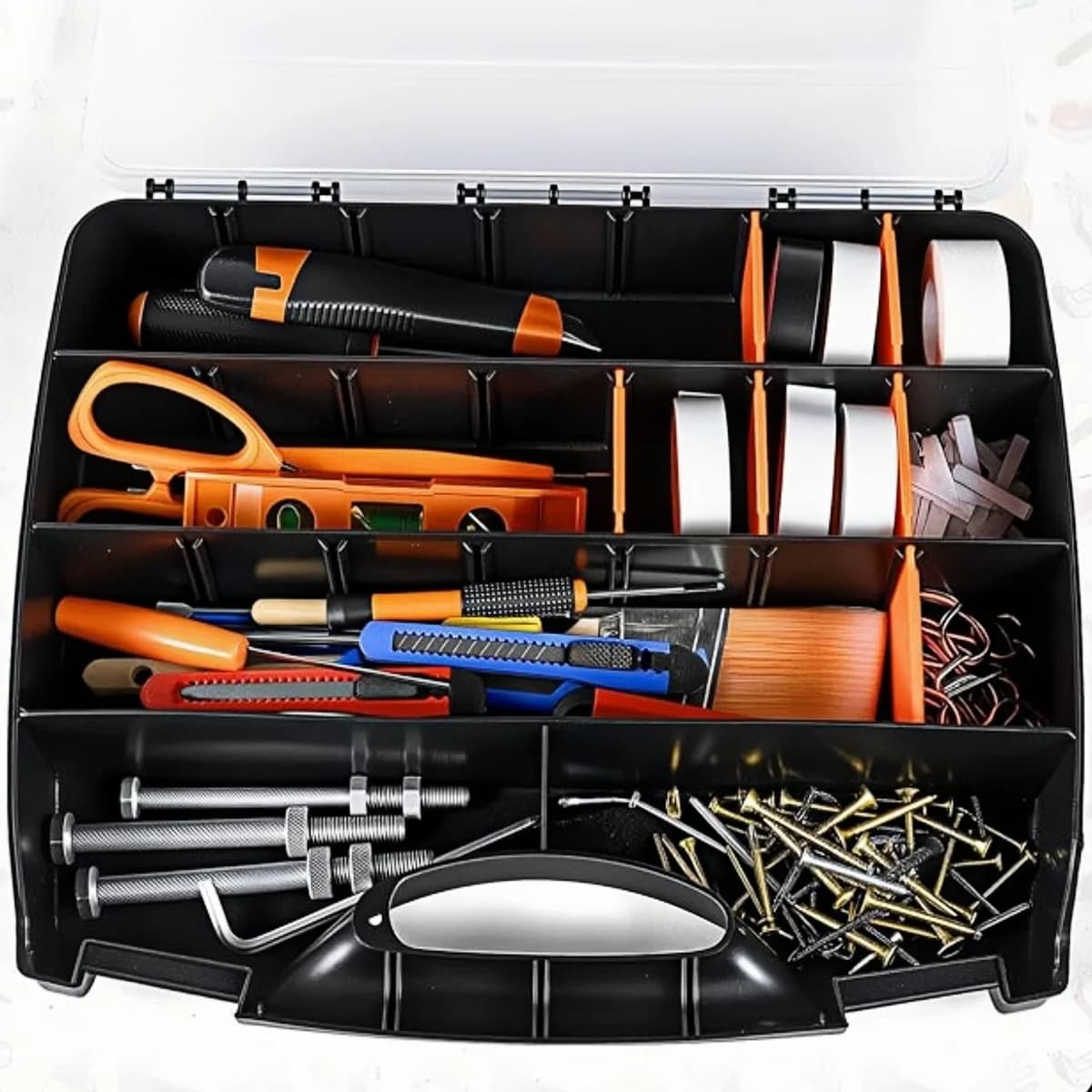 Hardware-opbergbox met verwijderbare schotten en klep