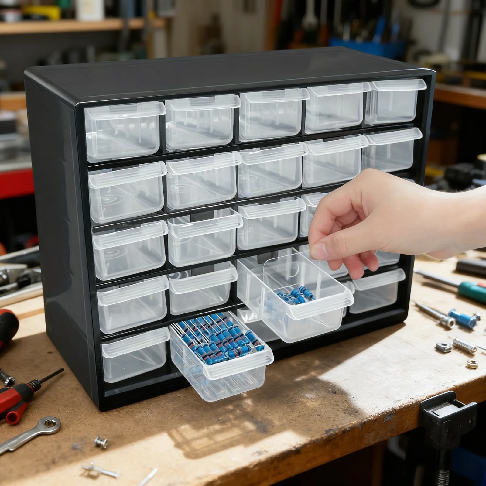Wandmonteerde onderdelenbox met meerdere lades voor schroeven